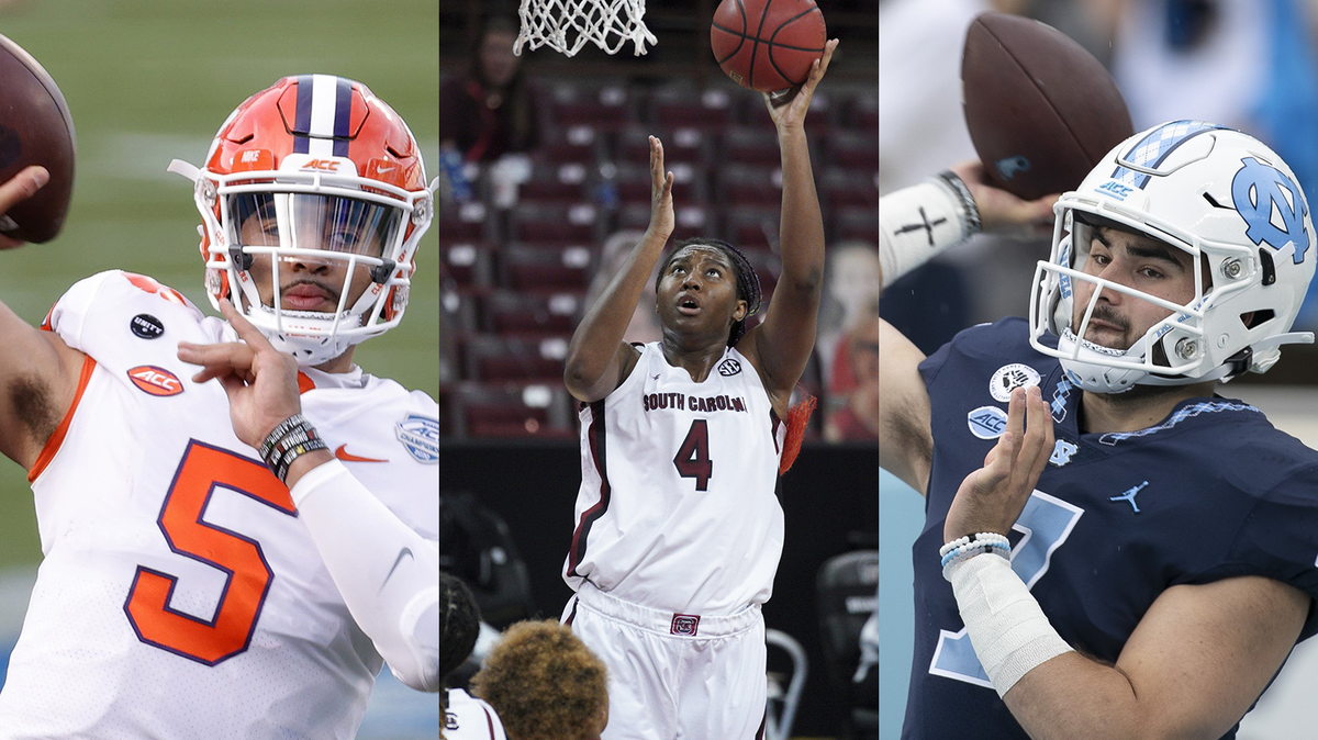 Clemson quarterback DJ Uiagalelei, left, South Carolina women’s basketball player Aliyah Boston, center, and North Carolina quarterback Sam Howell are among the 75 college athletes who have earned sponsorship deals from Bojangles.