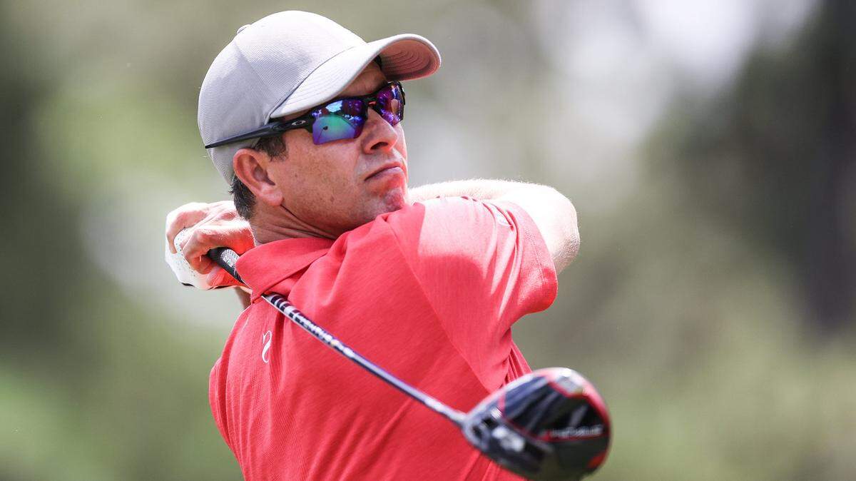 Adam Scott tees off during the third round of the 2023 Wells Fargo Championship in Charlotte. Scott shot a 67 and enters the final round tied for third, five strokes behind leader Wyndham Clark.