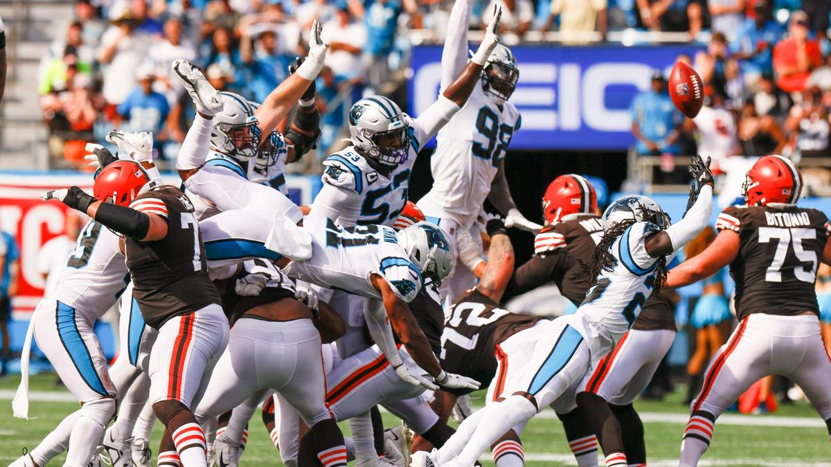 The Carolina Panthers defense attempts to block the game winning field goal from Cleveland Browns place kicker Cade York (3) during a game at Bank of America Stadium in Charlotte, N.C., Sunday, Sept. 11, 2022.