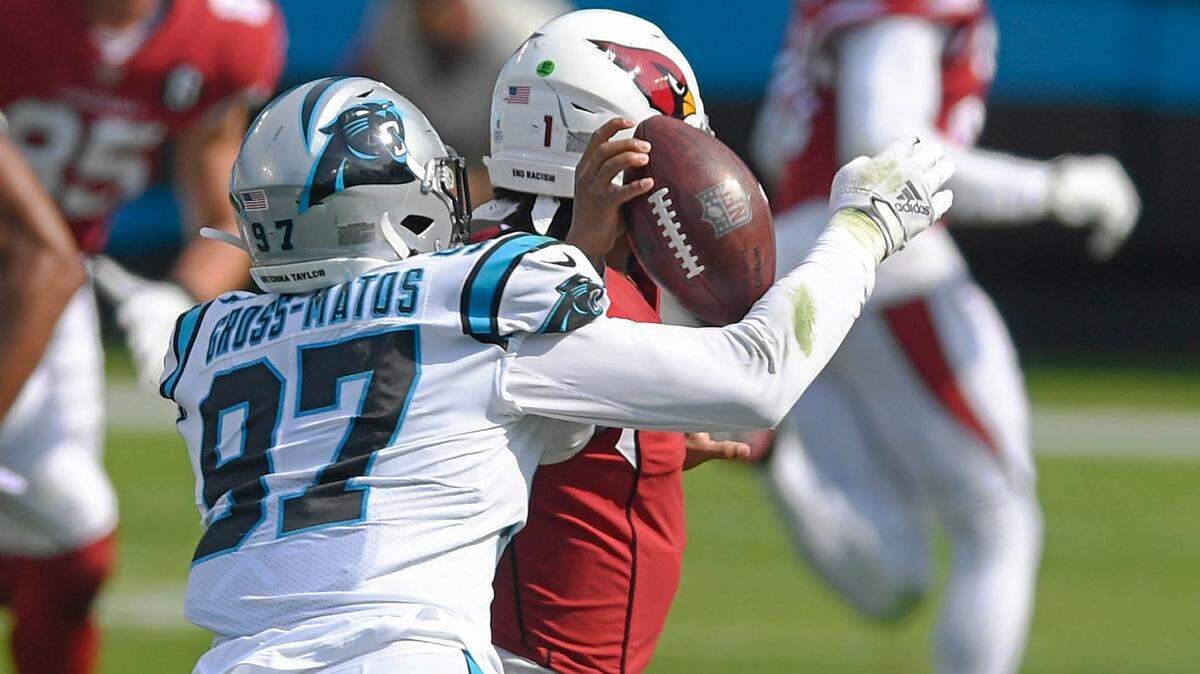Carolina Panthers defensive end Yetur Gross-Matos (97) cause a fumble as Arizona Cardinals quarterback Kyler Murray (1) tries to pass downfield during the second half at Bank of America Stadium in Charlotte, NC on Sunday, October 4, 2020. The Panthers recovered and went on to win, 31-21