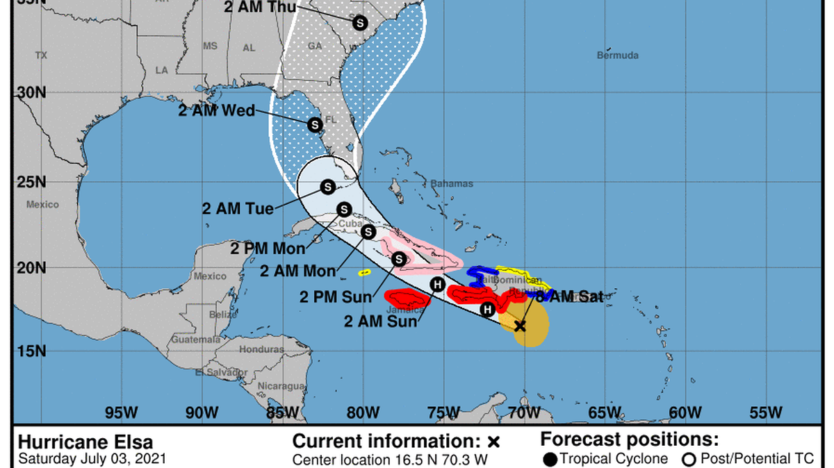 While much uncertainty remained on Saturday morning, July 3, 2021, as to its ultimate track, Hurricane Elsa was still projected to barrel into the Carolinas with fierce winds and rain by mid- to late week, according to National Hurricane Center maps.