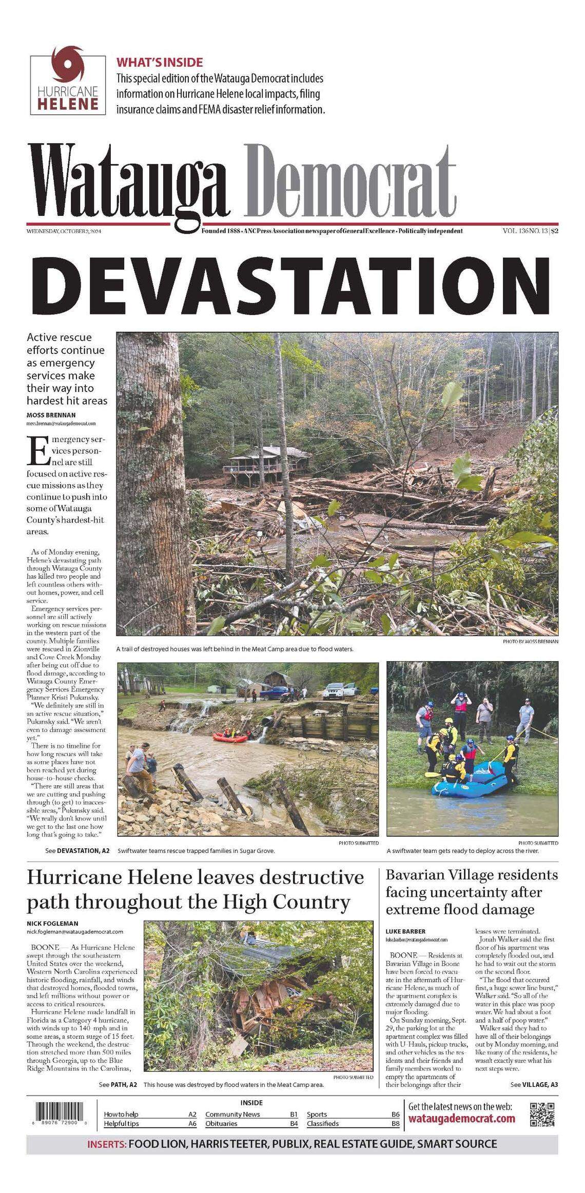 The front page of the Oct. 2nd, 2024, Watauga Democrat. The newspaper was printed shortly after Hurricane Helene ravaged Western North Carolina. Reporter Moss Brennan wrote a front-page story and took a front-page photo, although he had spent many of the hours following the hurricane working in his second job as a volunteer first responder.