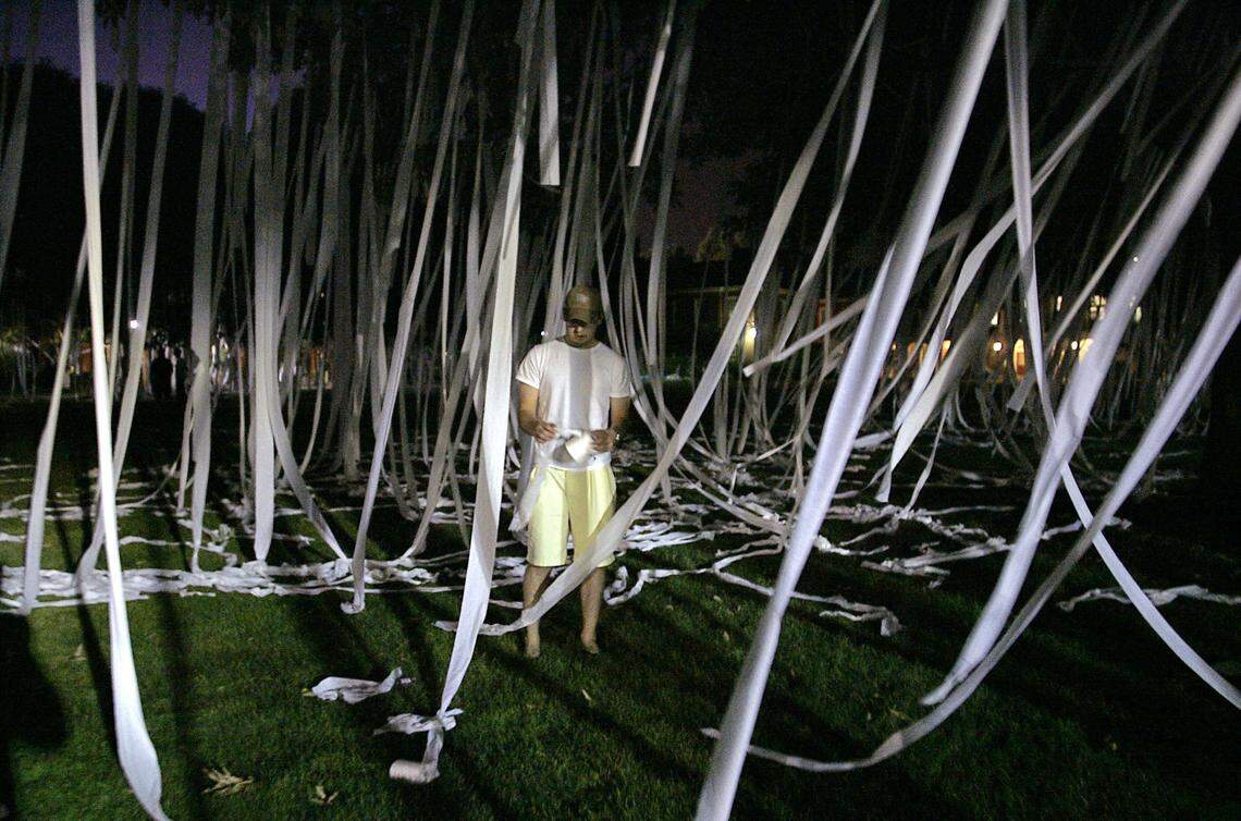 Matthew Irvine, a rising junior at Wake Forest University, finishes rolling the quad in the wee hours of Friday, July 27, 2007, honoring basketball coach Skip Prosser, who died of a heart attack the previous day.