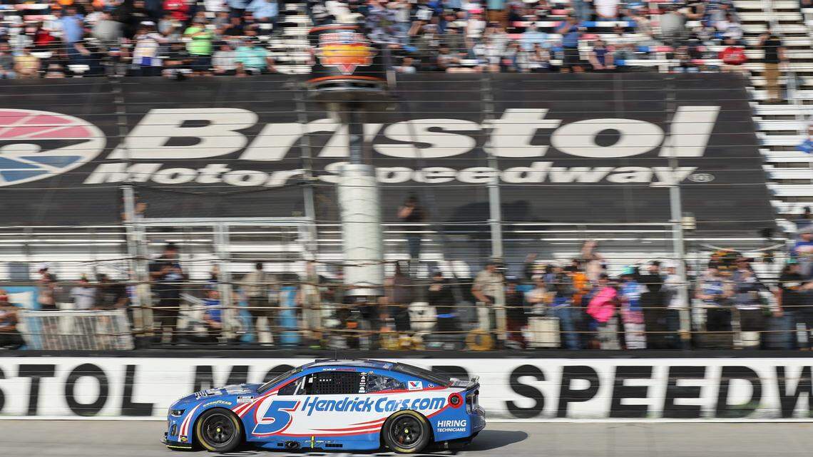 Apr 13, 2025; Bristol, Tennessee, USA; NASCAR Cup Series driver Kyle Larson (5) wins the NASCAR Food City 500 at Bristol Motor Speedway.