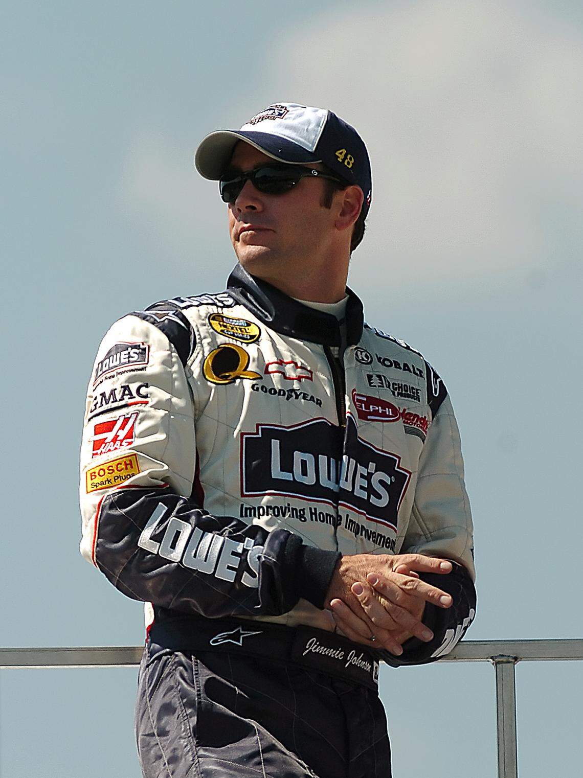 5/26/05 Driver Jimmie Johnson watches practice from atop his transporter Thursday afternoon prior to qualifying for the Coca-Cola 600. JEFF SINER/STAFF