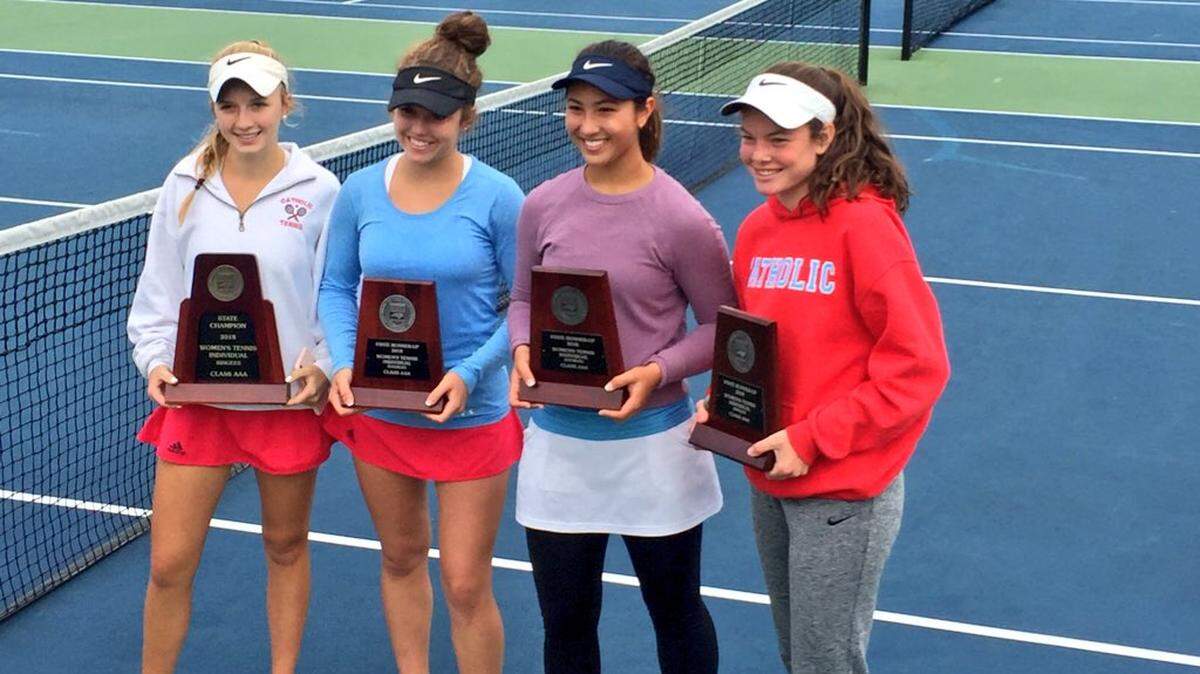 Charlotte Catholic’s tennis team -- from left Rose Kenny, Logan Stuckey, Kaitlyn Tozzi and Maggie Gehrig -- will play for a 3A state dual team championship Saturday. Kenny won the 3A individual singles’ champ last week. Stucky and Tozzi were runners-up in doubles and Gehrig was runner-up in singles.