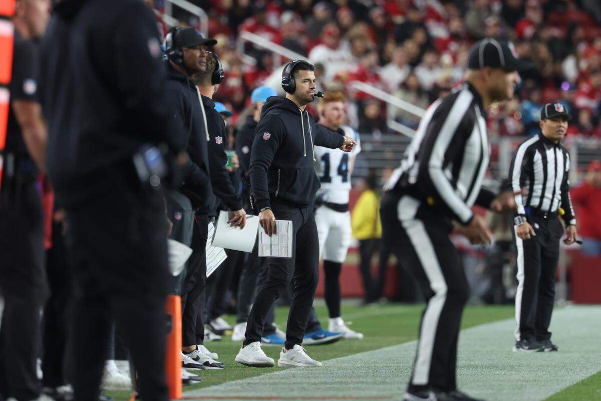 Head coach Dave Canales of the Carolina Panthers looks on during Monday’s game against the San Francisco 49ers at Levi's Stadium.