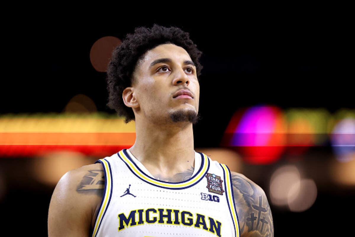 Yaxel Lendeborg of the Michigan Wolverines looks on during the second half of a game against the UConn Huskies in the National Championship of the 2026 NCAA Men’s Basketball Tournament at Lucas Oil Stadium.
