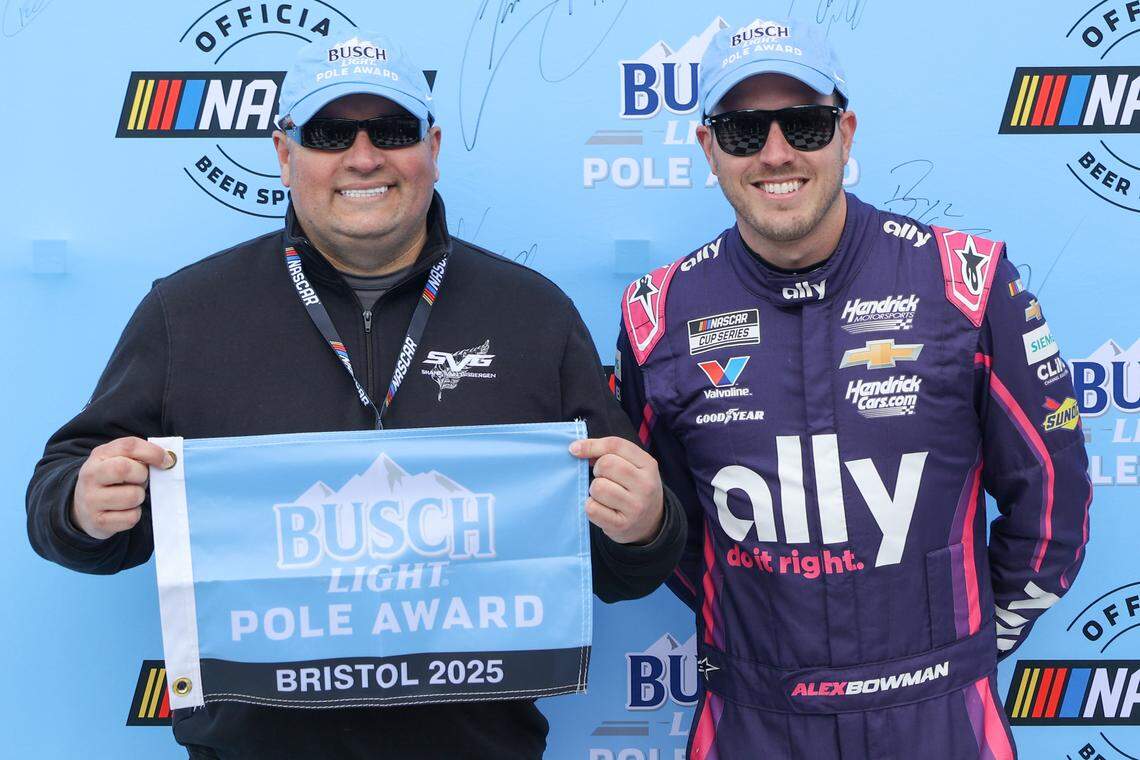 Apr 12, 2025; Bristol, Tennessee, USA; NASCAR Cup Series driver Alex Bowman (48) wins the Busch Light Pole Award for the NASCAR Food City 500 at Bristol Motor Speedway.