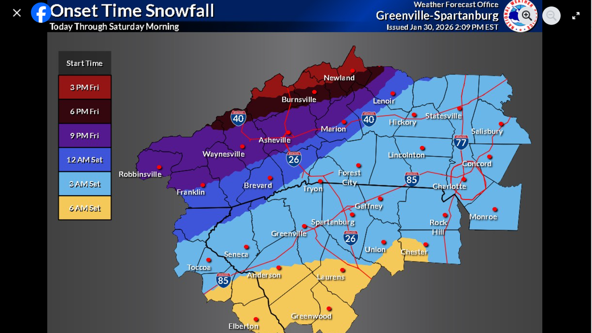 The snow is expected to reach the Charlotte area around 3 a.m. Saturday morning, the National Weather Service says.