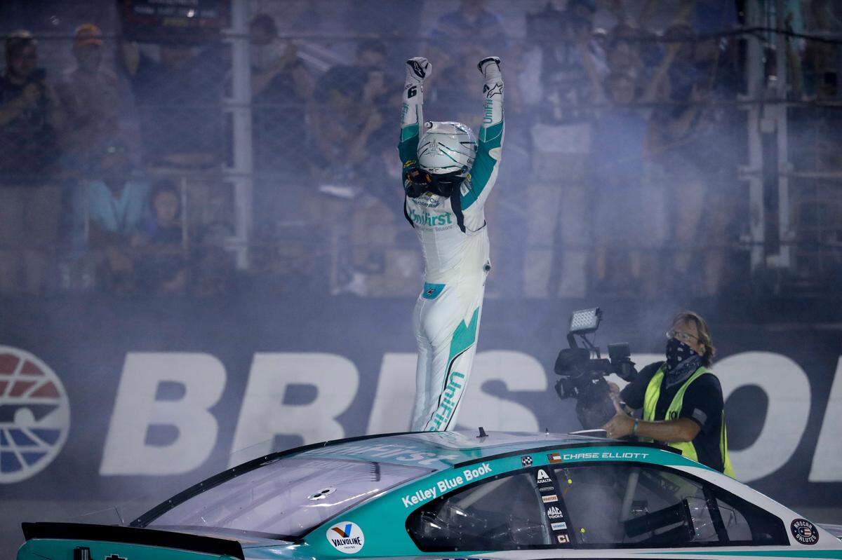 Chase Elliott celebrates after winning a NASCAR All-Star auto race at Bristol Motor Speedway in Bristol, Tenn., on Wednesday.