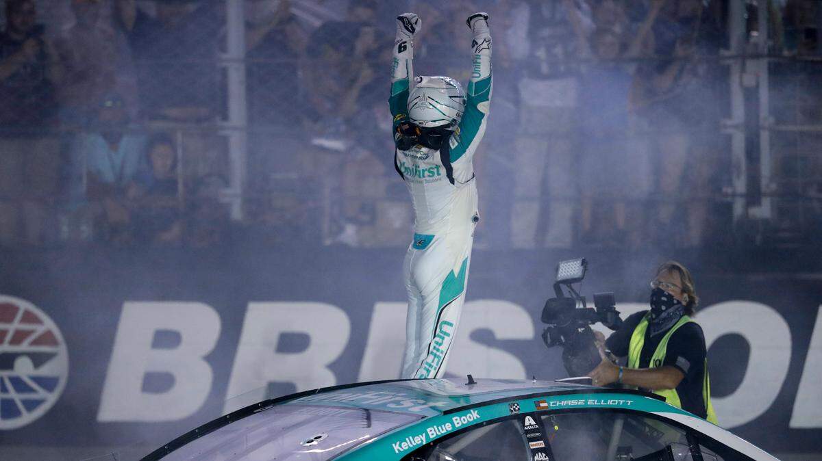 Chase Elliott celebrates after winning a NASCAR All-Star auto race at Bristol Motor Speedway in Bristol, Tenn, Wednesday, July 15, 2020. (AP Photo/Mark Humphrey)