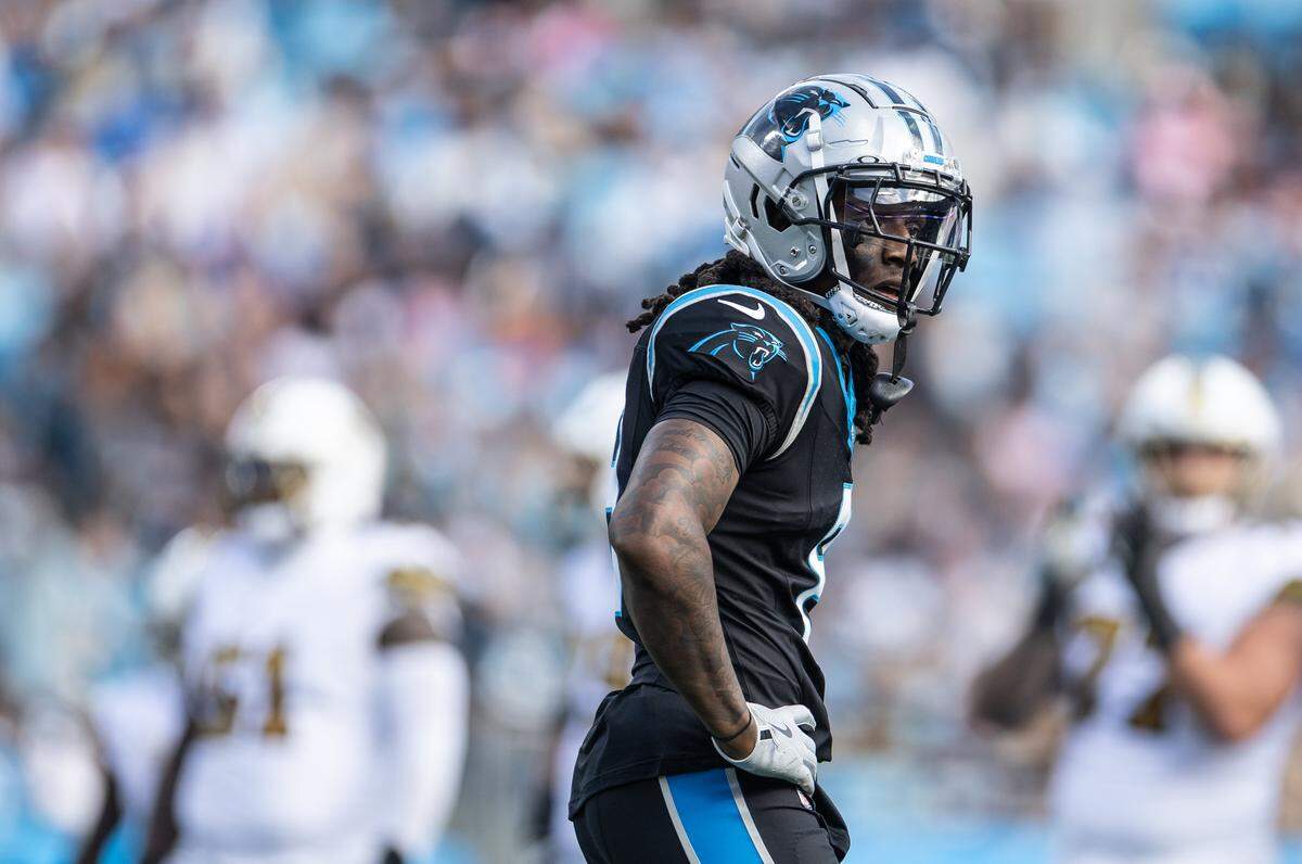 Carolina Panthers cornerback Jaycee Horn makes a face after hearing a call made by a ref against the New Orleans Saints on Nov. 9, 2025, at Bank of America Stadium in Charlotte.