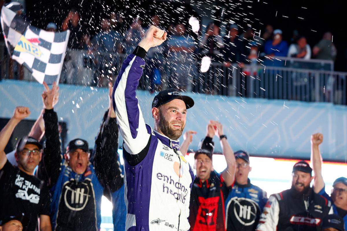 NASCAR Cup Series driver Shane Van Gisbergen (91) reacts after winning the Grant Park 220 of the Chicago Street Race at Chicago Street Race.