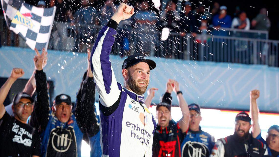 NASCAR Cup Series driver Shane Van Gisbergen (91) reacts after winning the Grant Park 220 of the Chicago Street Race at Chicago Street Race. 