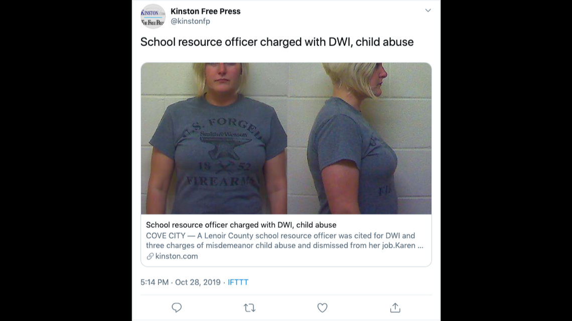 Karen Lee, 33, was reportedly charged with driving while intoxicated, reckless driving and an open container violation.