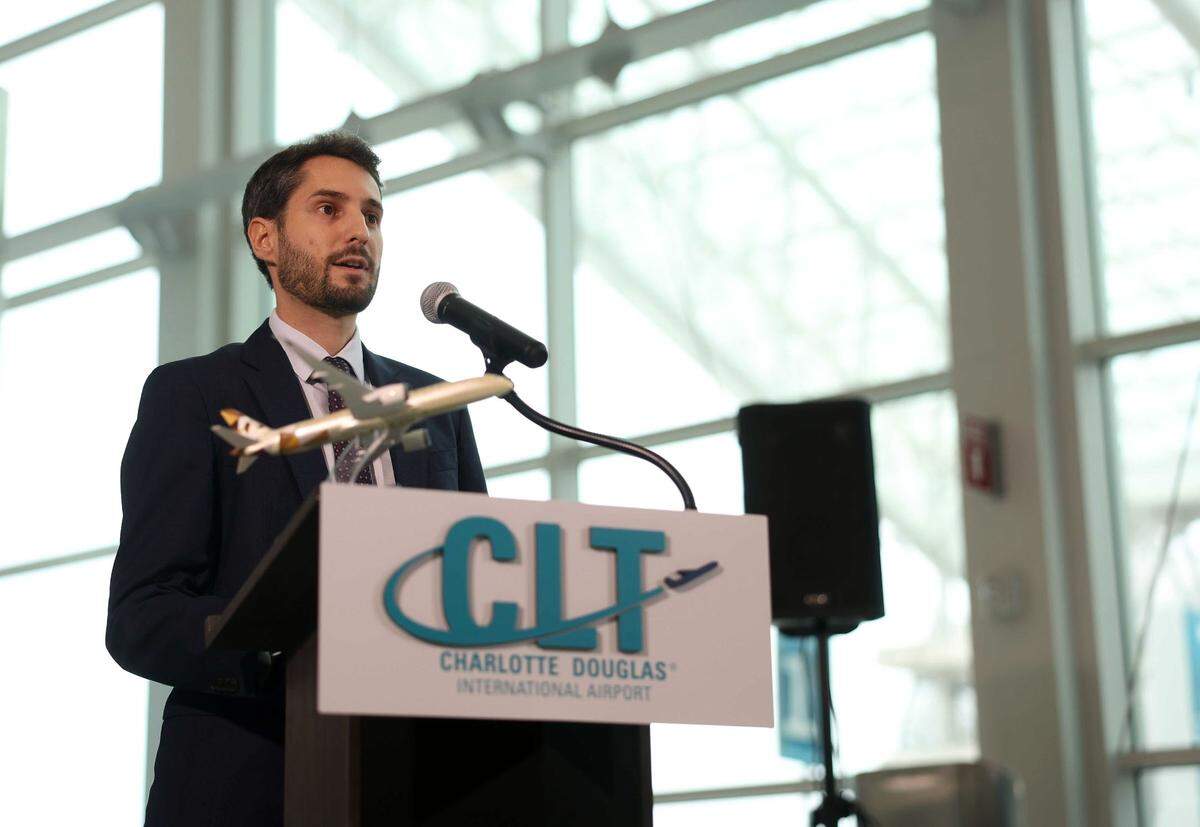 In May 2025, Adria Rabassa, director of network and scheduling at Etihad Airways, addresses members of the media about the new nonstop flights from Charlotte to Abu Dhabi. 