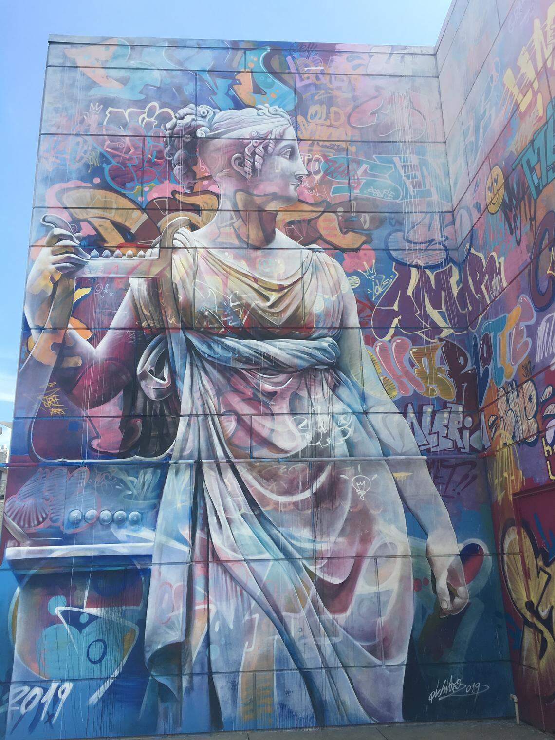This is the mural by art duo PichiAvo painted on the side of the Charlotte Ballet building.