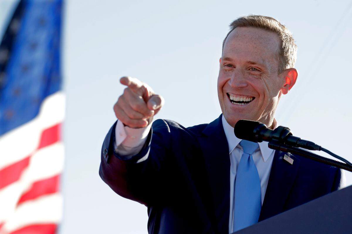 Ted Budd, Republican candidate for U.S. Senate from North Carolina, speaks to the crowd at former President Donald Trump’s rally Sept. 23, 2022 in Wilmington, N.C.