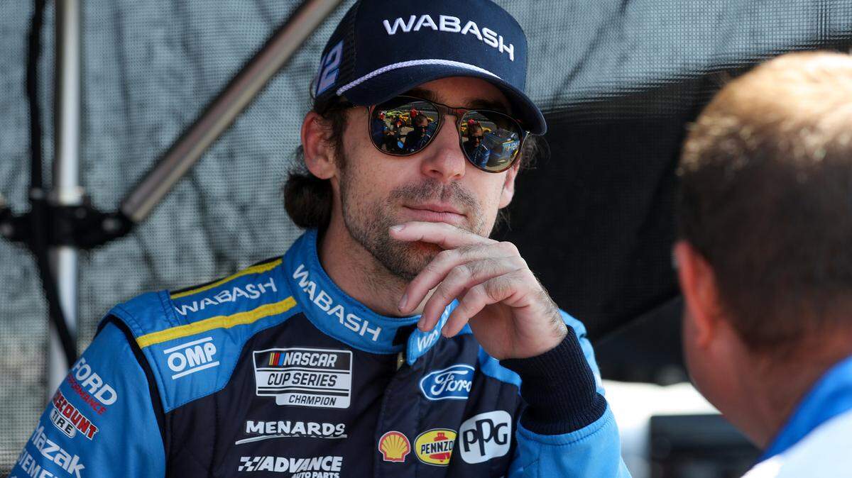 Jul 13, 2024; Long Pond, Pennsylvania, USA; NASCAR Cup Series driver Ryan Blaney looks on during practice and qualifying for the The Great American Getaway 400 at Pocono Raceway.