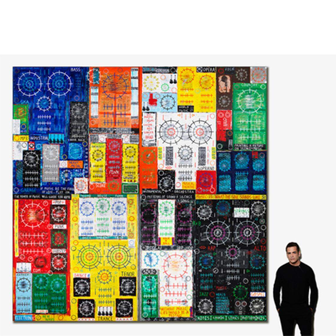 Kevin Hees, Symphonic, 2021, 12 X 12 feet (artist shown to scale), Acrylic, Mixed Media and Paint Stick on Raw Canvas. Hees is one of three contemporary artists whose work will be included in the Bechtler’s Warhol exhibition.