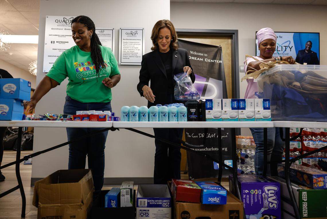 Vice President Kamala Harris assists NC Counts Coalition as they work together to assemble care packages with toiletries for those who were affected by Hurricane Helene in Charlotte, NC on Saturday, Oct. 5, 2024.
