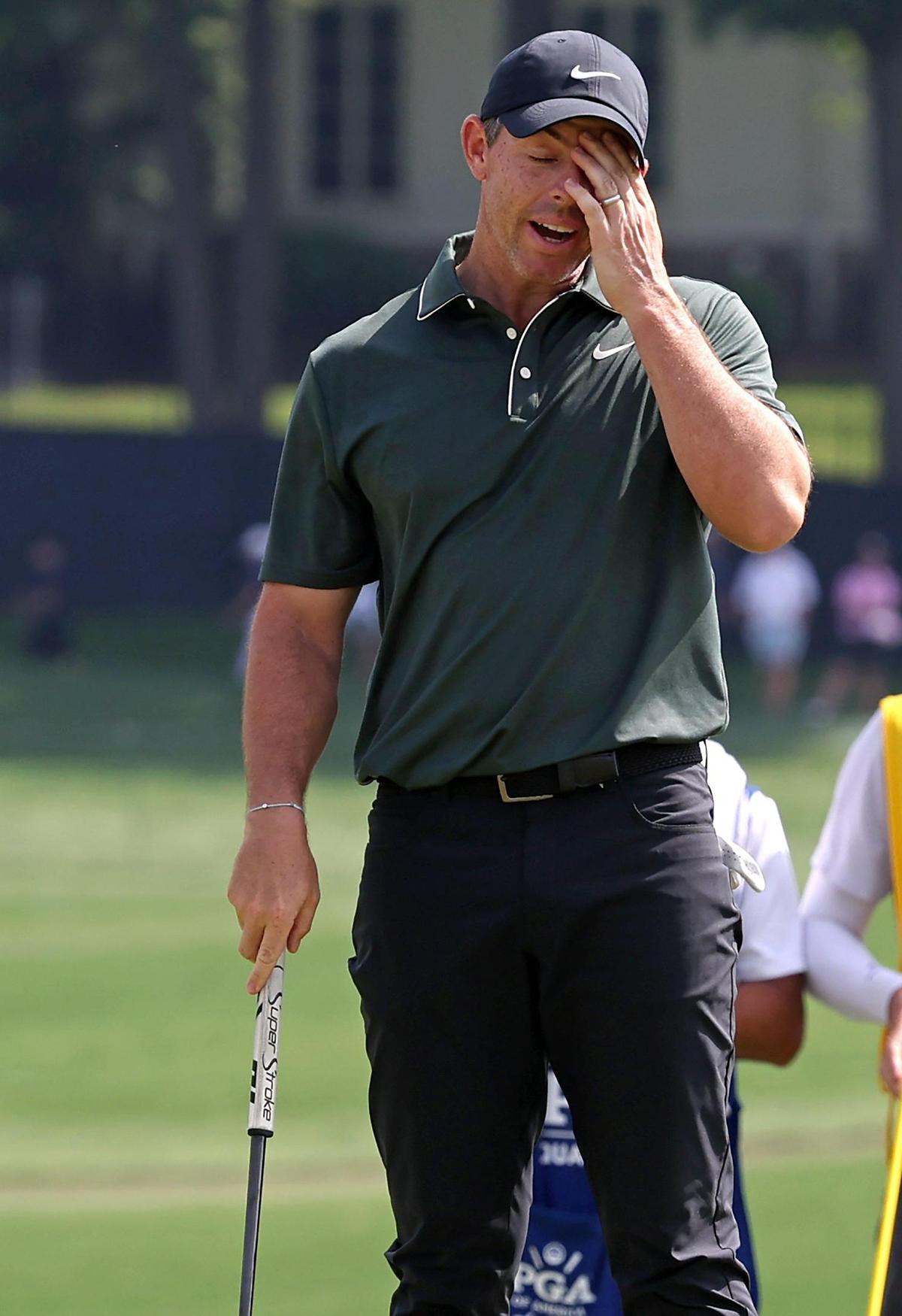 Rory McIlroy reacts to missing a putt on the 16th green during the opening round of the 107th PGA Championship at Quail Hollow Club in Charlotte, NC on Thursday, May 15, 2025.