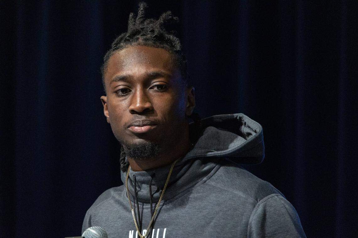 Mar 2, 2023; Indianapolis, IN, USA; South Carolina defensive back Darius Rush (DB28) speaks to the press at the NFL Combine at Lucas Oil Stadium. Mandatory Credit: Trevor Ruszkowski-USA TODAY Sports