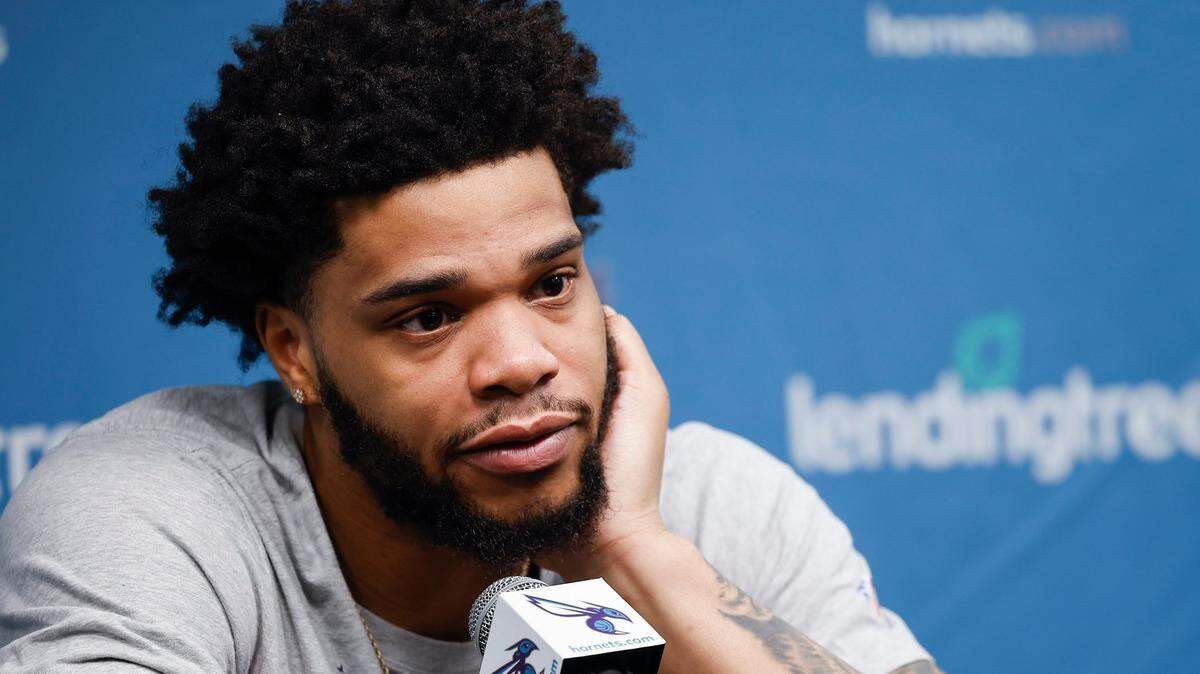 Charlotte Hornets forward Miles Bridges (0) takes a question during season wrap up media conference at Spectrum Center in Charlotte, N.C., Thursday, April 14, 2022.