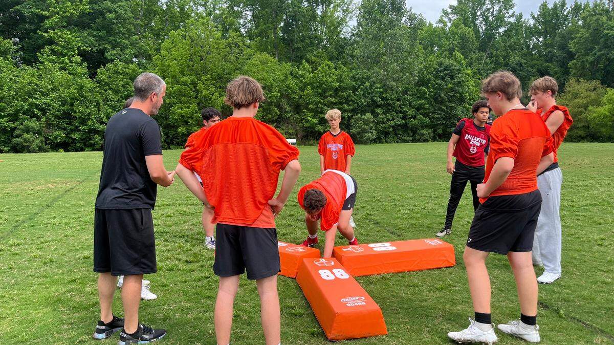 Ballantyne Ridge, which opens this fall, hosts its first spring football practice at the Morrison Family YMCA on Monday.