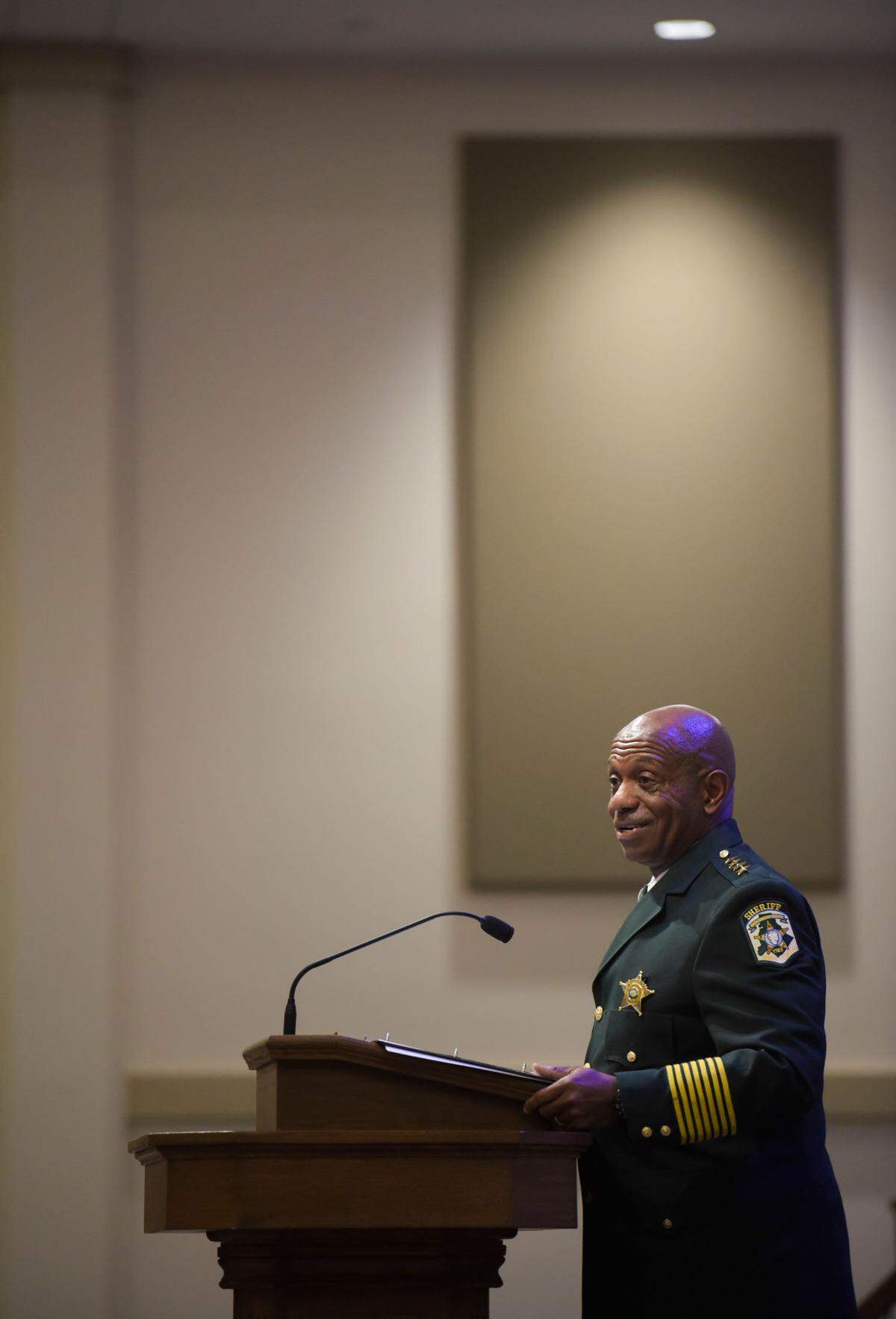 Mecklenburg County Sherif Garry L. McFadden gives remarks during the graduation of the Mecklenburg County Detention Officer Certification Course on Monday, June 8, 2023, at Calvary Baptist Church.
