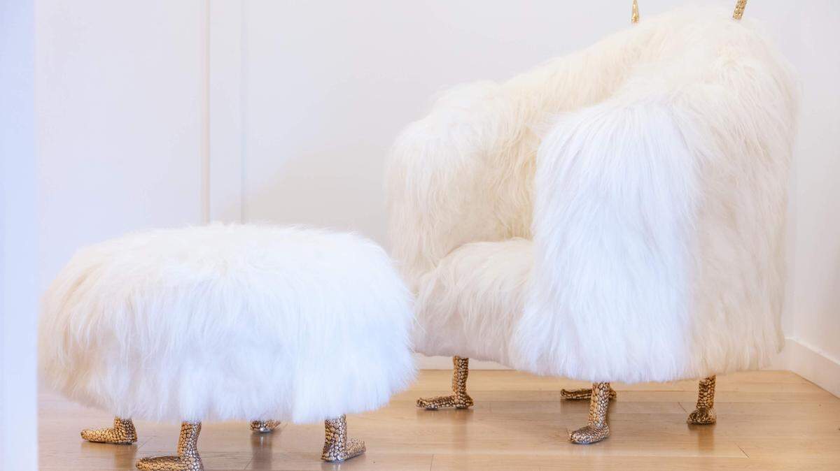 The Haas Brothers’ work features punny titles such as “Hairy Bradshaw,” the name of the chair and ottoman on view at SOCO Gallery.