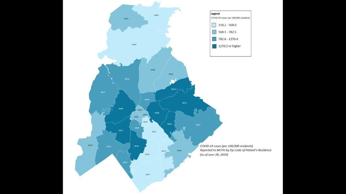 A Mecklenburg County map of COVID-19 cases per 100,000 residents by zip code, as of June 28, 2020. 