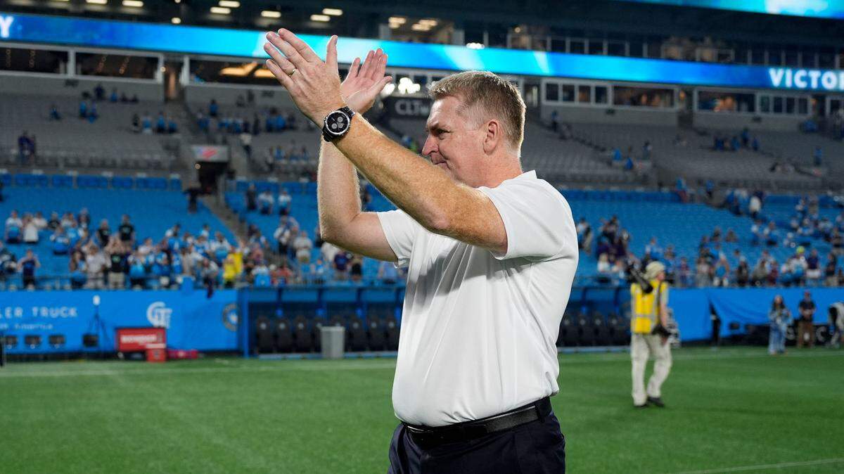 Charlotte FC head coach Dean Smith reacts after the game against Chicago Fire FC at Bank of America Stadium.
