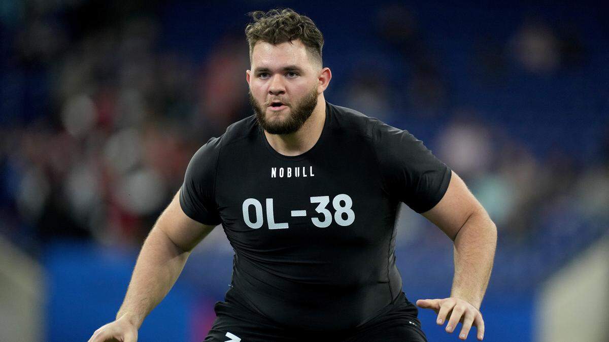 Old Dominion offensive lineman Nick Saldiveri during the NFL Scouting Combine at Lucas Oil Stadium on March 5, 2023.