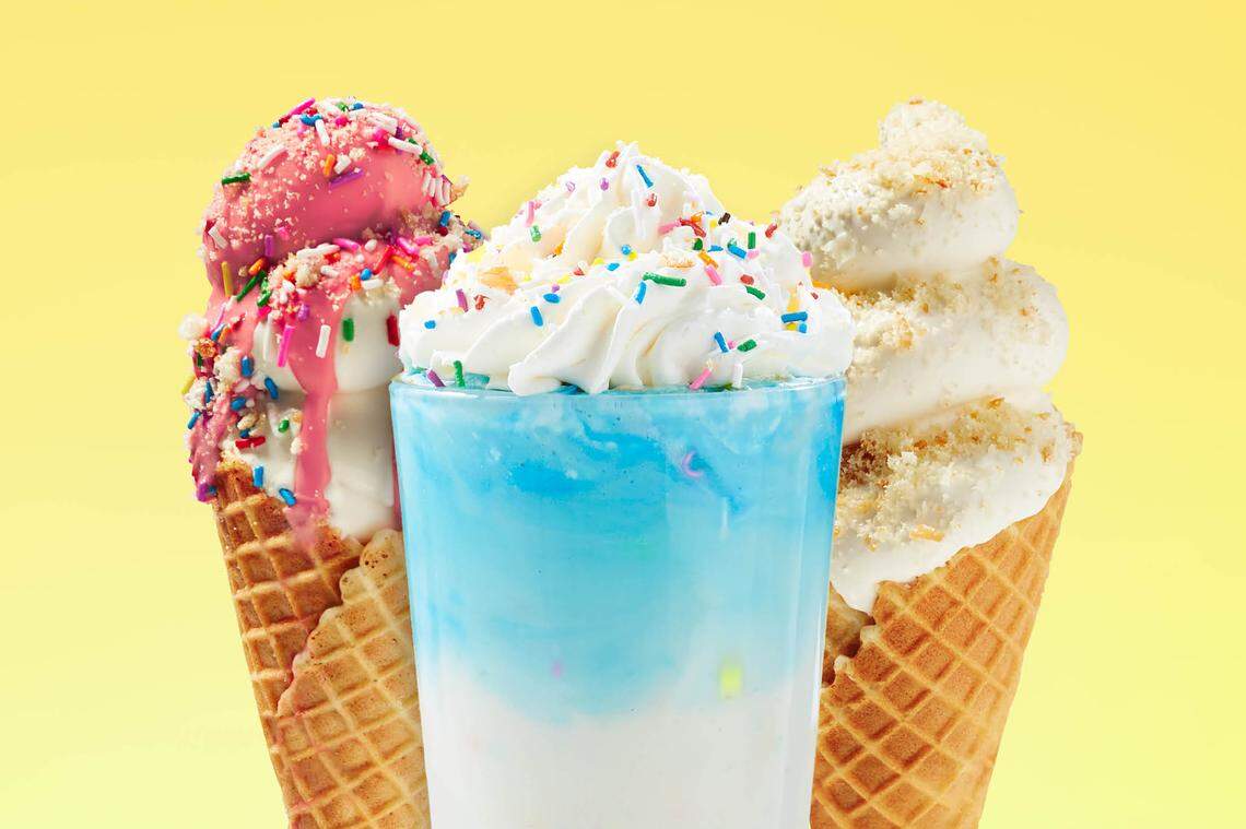 Krispy Kreme will begin selling Original Glazed Soft Serve Ice Cream at some stores, including in Charlotte where the iconic doughnut chain is headquartered. From left, strawberry iced sprinkled cone, birthday batter shake and Original Glazed cone.