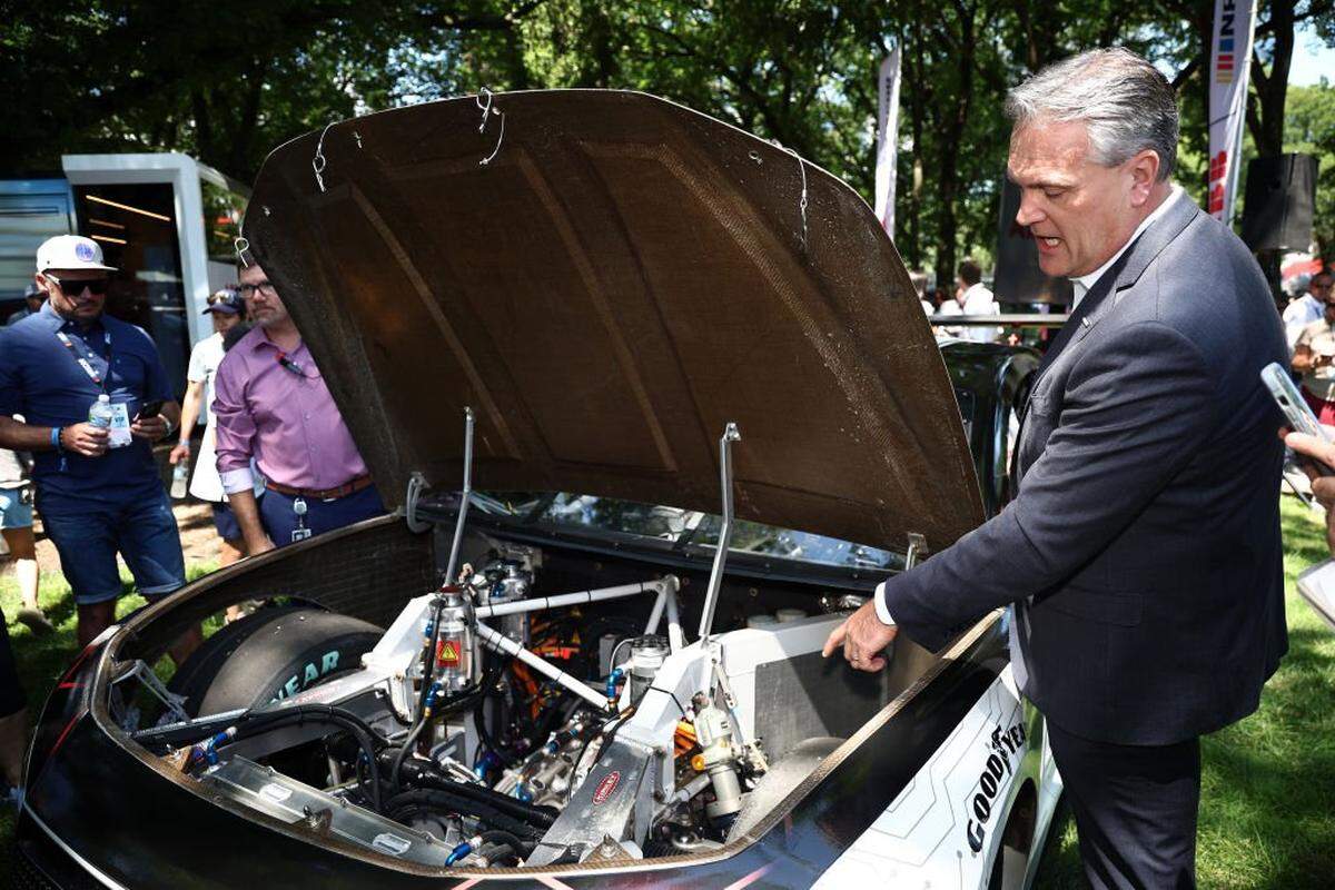 CHICAGO, ILLINOIS - JULY 06: John Probst, SVP of Innovation and Racing Development speaks during ABB NASCAR unveiling of a new EV prototype during qualifying for the NASCAR Cup Series Grant Park 165 at Chicago Street Course on July 06, 2024 in Chicago, Illinois. (Photo by Jared C. Tilton/Getty Images)