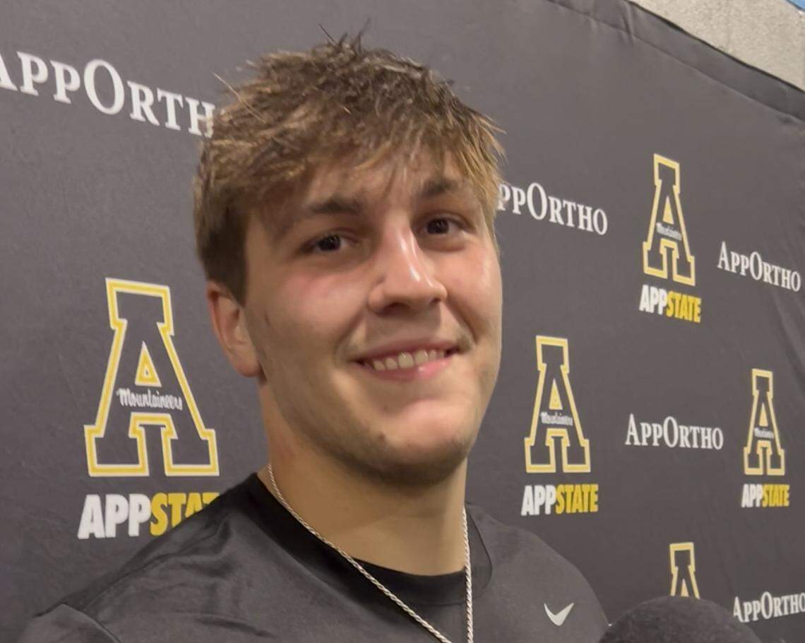Appalachian State quarterback AJ Swann is shown shortly after he threw for 368 yards and three touchdowns in the Mountaineers’ 34-11 win over the Charlotte 49ers on Aug. 29, 2025.