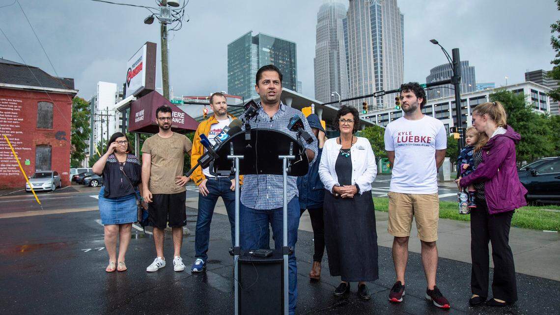 Republican City Councilman Tariq Bokhari speaks to media about re-opening the open air flea market off CentraL Avenue on Wednesday, July 13, 2022 in Charlotte, NC.