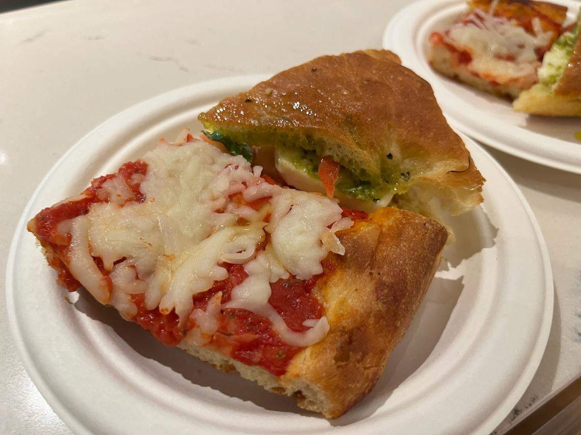 A sample of the pizza and a sandwich at Focaccina.