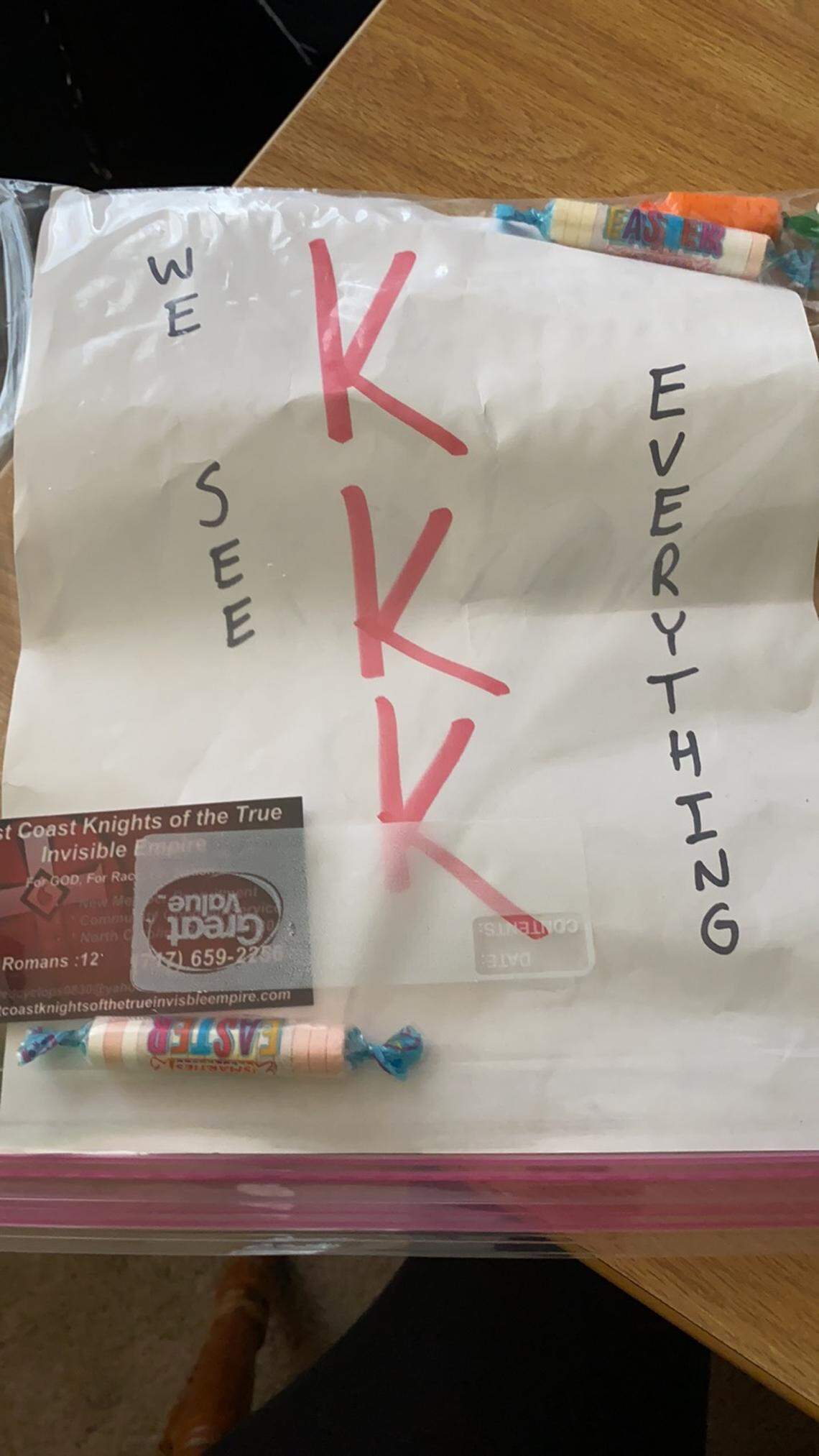 Genesis Houpe said someone left this bag with an intimidating Ku Klux Klan message outside of her Statesville apartment on Saturday morning, March 6, 2021.