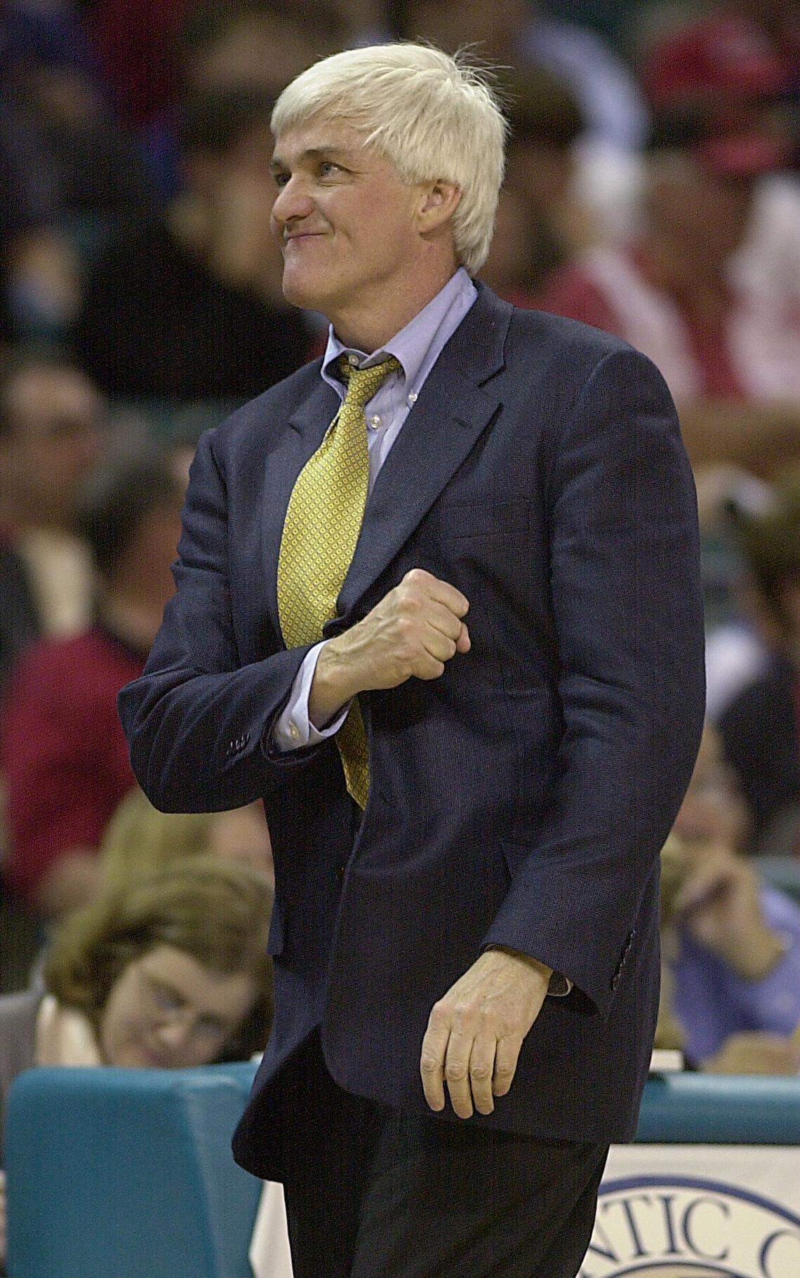 Georgia Tech head coach Bobby Cremins reacts in 2000 during an ACC tournament loss at Charlotte Coliseum. Cremins would leave Georgia Tech not long afterward, then sit out of coaching for six years before taking the College of Charleston head job.