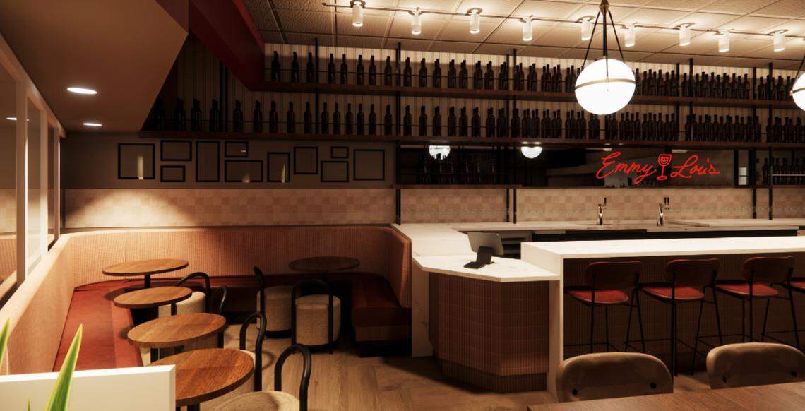 Emmy Lou’s — shown in this rendering — will have a bar, communal seating, booth seating and a tap system.
