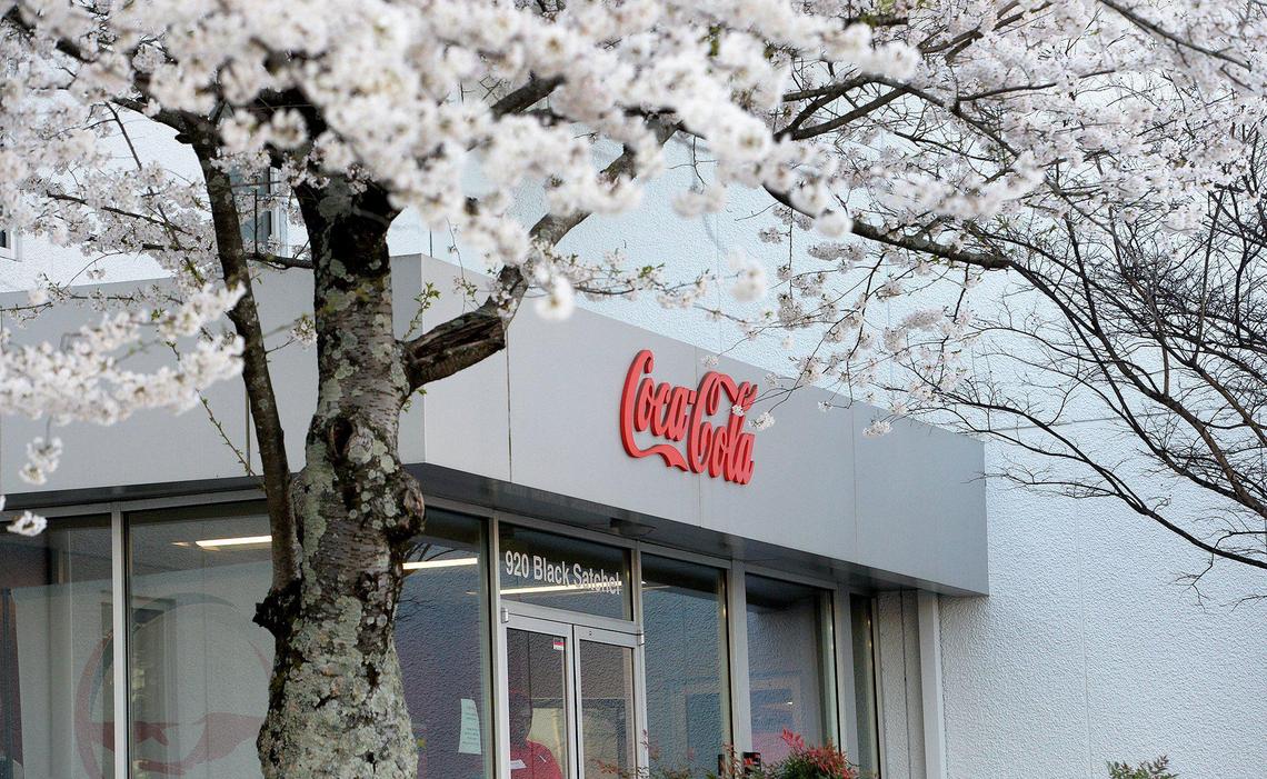 The front door of the Coke Consolidated Snyder Production Center is framed by cherry trees.