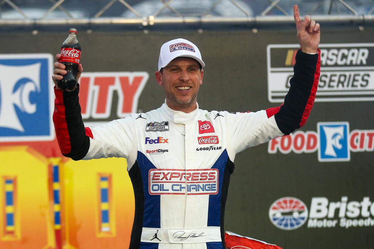 Mar 17, 2024; Bristol, Tennessee, USA; NASCAR Cup Series driver Denny Hamlin (11) wins the Food City 500 at Bristol Motor Speedway.