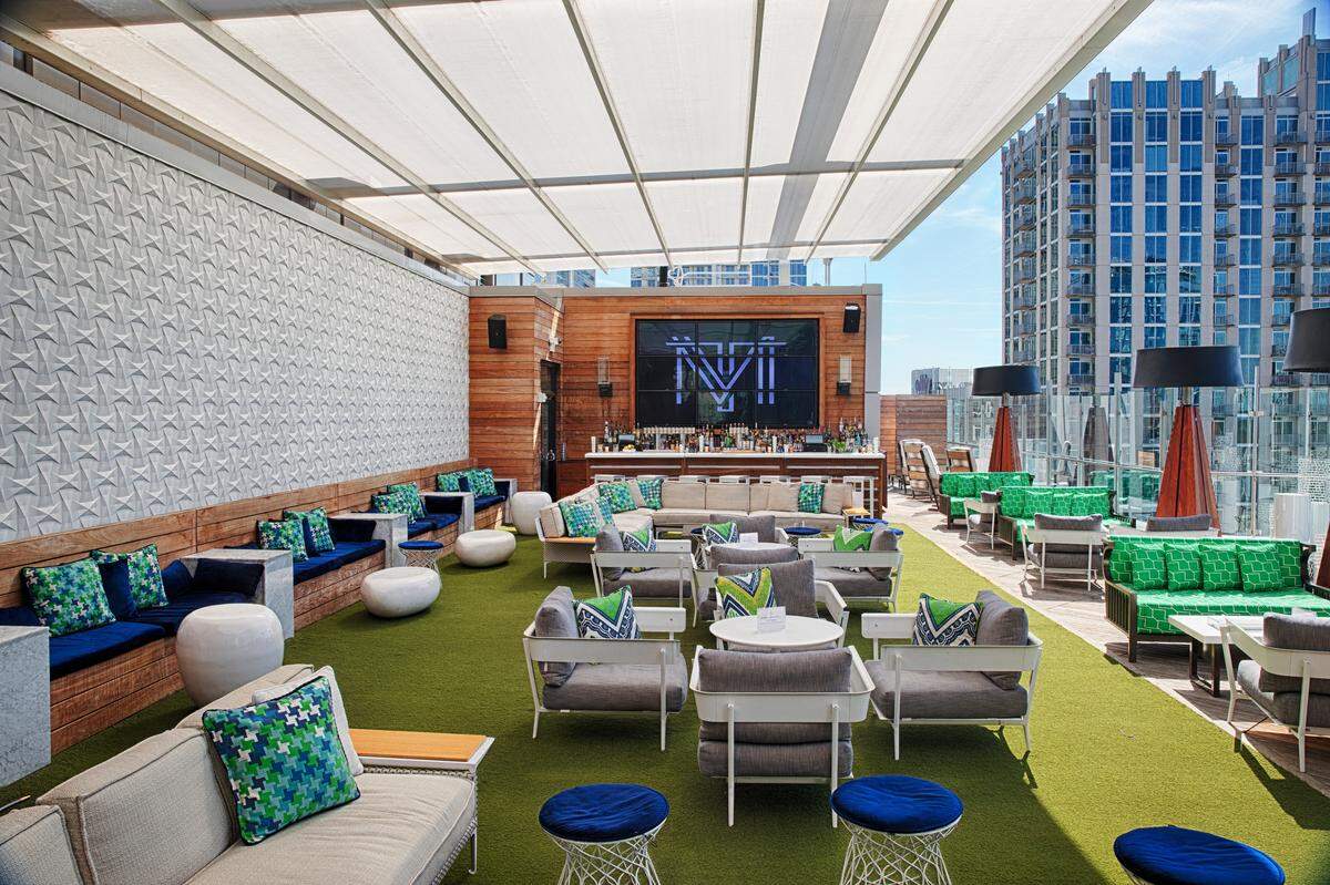 Merchant & Trade’s rooftop bar offers an uptown view.