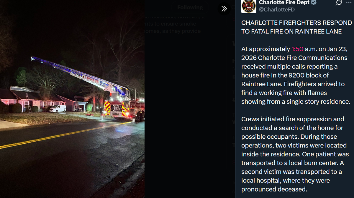 The Charlotte Fire Department said one person died and another was injured in a fire at a south Charlotte home early Friday morning.
