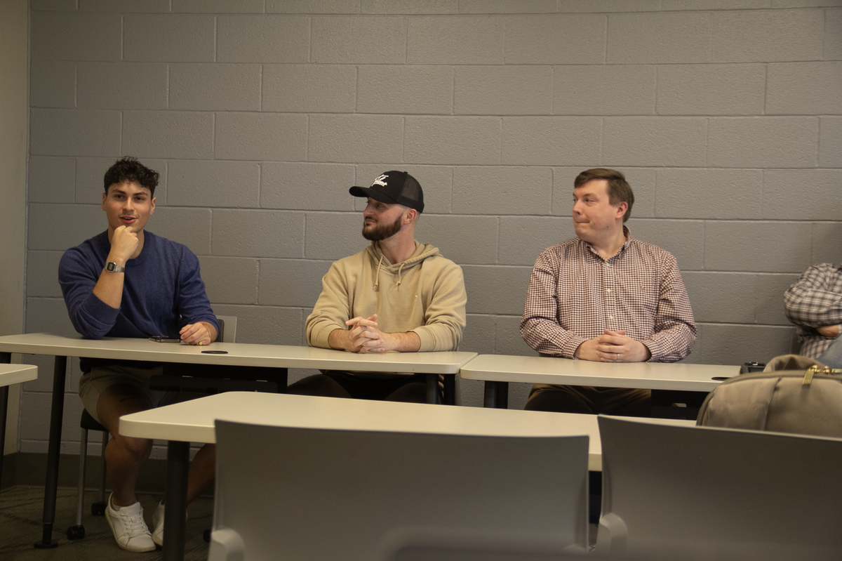Chris Smeltzer, Laurence Cox, Justin Smith and Jet Francis spoke to Queens University News Service student journalists during a live press event on Thursday, March 27 at the Knight School of Communication.