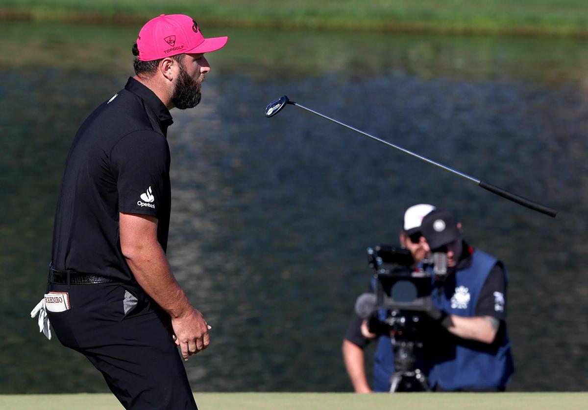 Jon Rahm tosses his putter in the air after missing a putt on the 16th green during the PGA Championship at Quail Hollow Club in Charlotte, NC on Sunday, May 18, 2025. Rahm finished at -4 for the tournament.