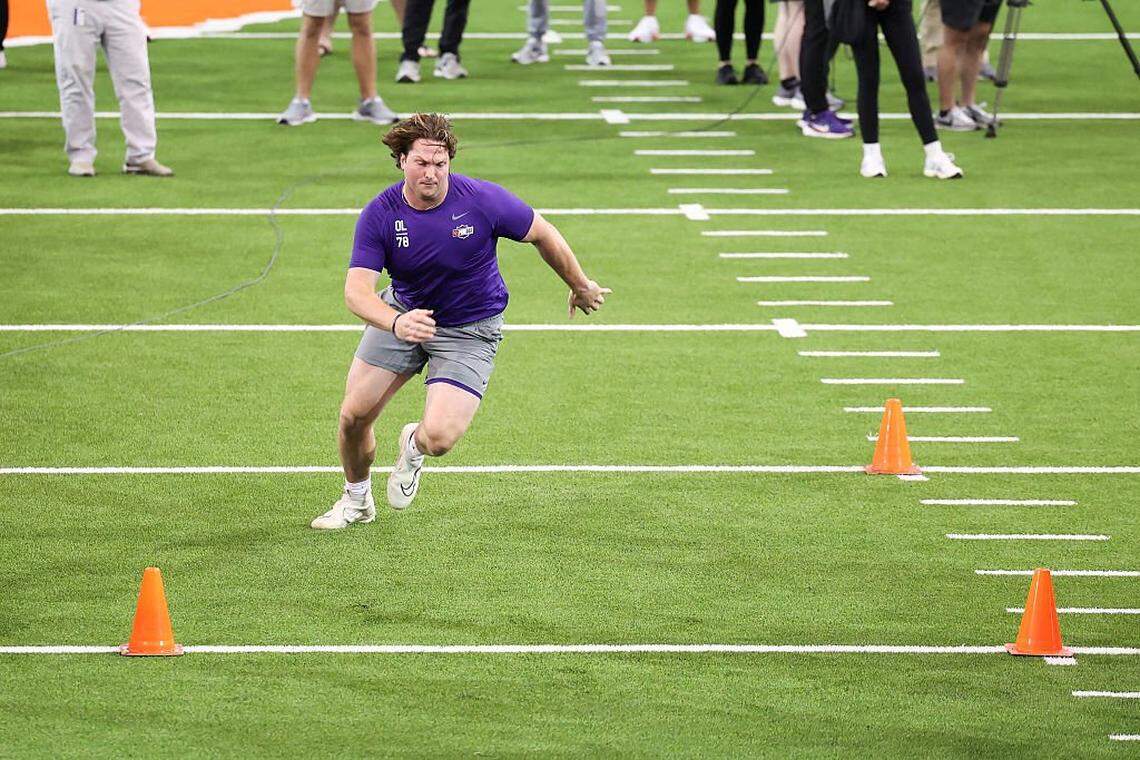 Blake Miller #78 of the Clemson Tigers in action during 3 - cone shuttle at Pro Day at Allen N. Reeves Football Complex on March 12, 2026 in Clemson, South Carolina.